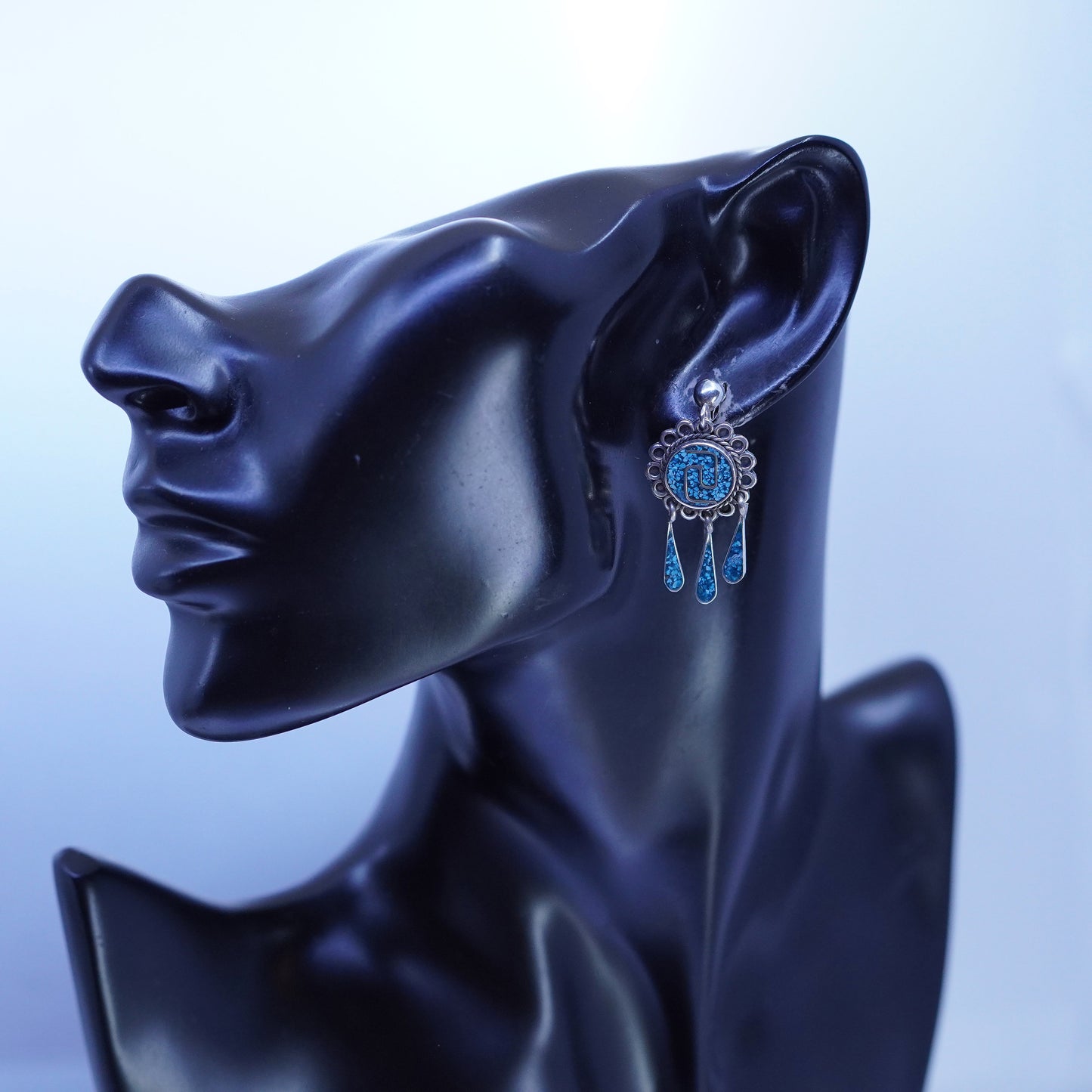 Vintage Mexican Sterling 925 silver handmade earrings w/ turquoise chips inlay