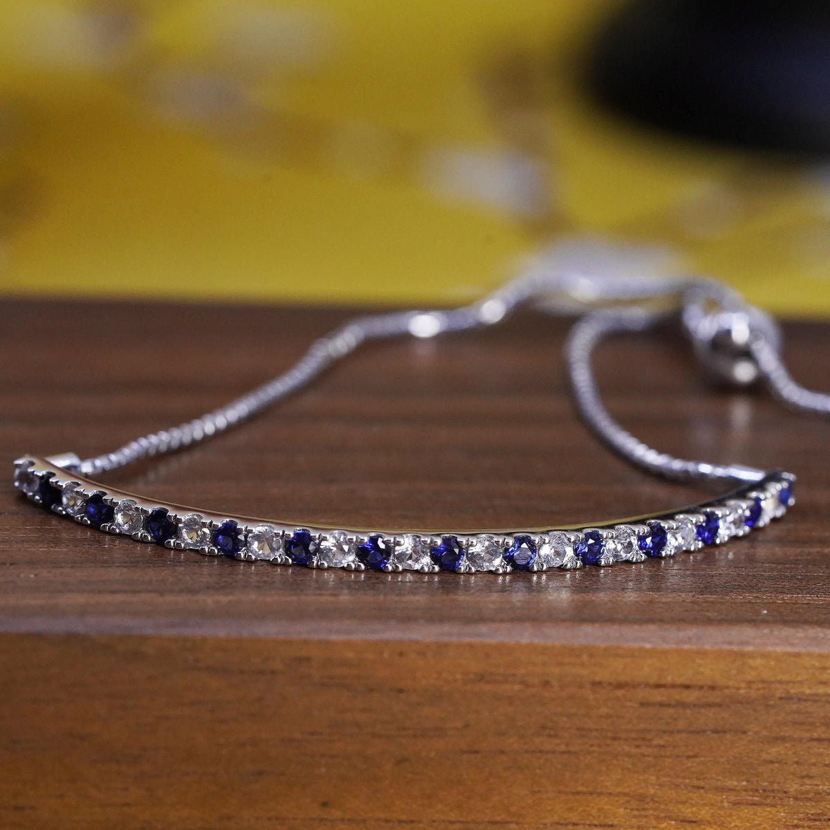 vintage PM Sterling silver bracelet, 925 box chain sapphire white topaz bar