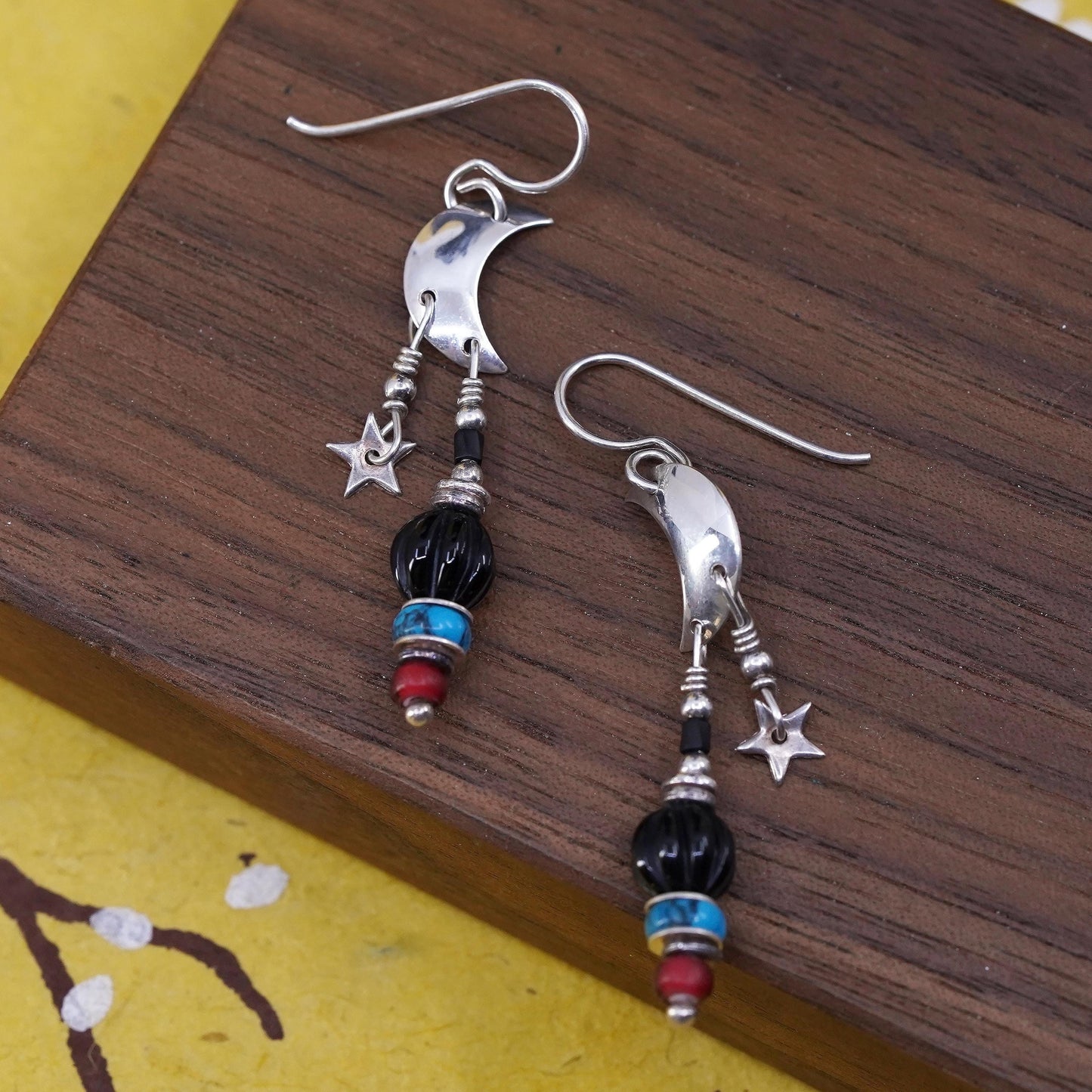 Native American Sterling 925 silver moon star earrings onyx turquoise