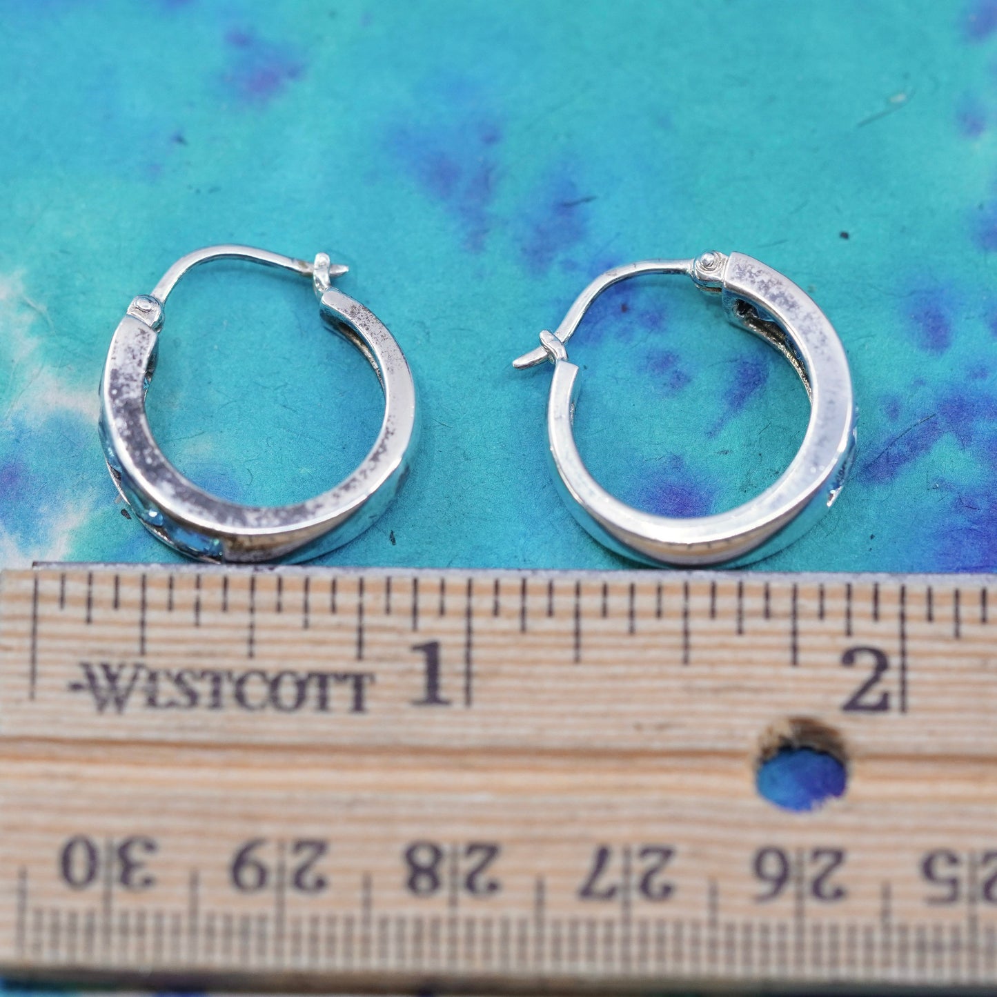 0.75”, vintage Sterling silver huggie earrings, 925 hoops with blue cz