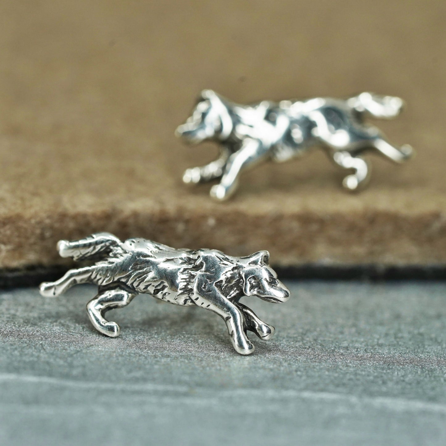 Vintage southwestern Sterling 925 silver handmade star earrings, wolf studs