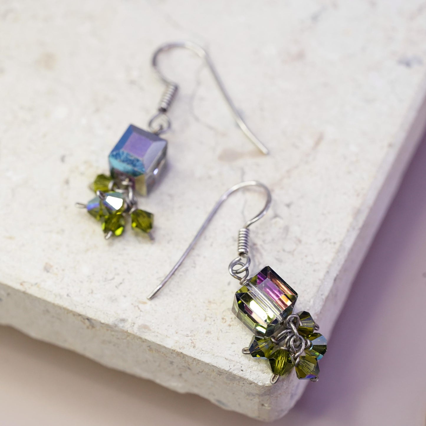 Vintage sterling silver handmade earrings, 925 hooks with crystal cube dangles