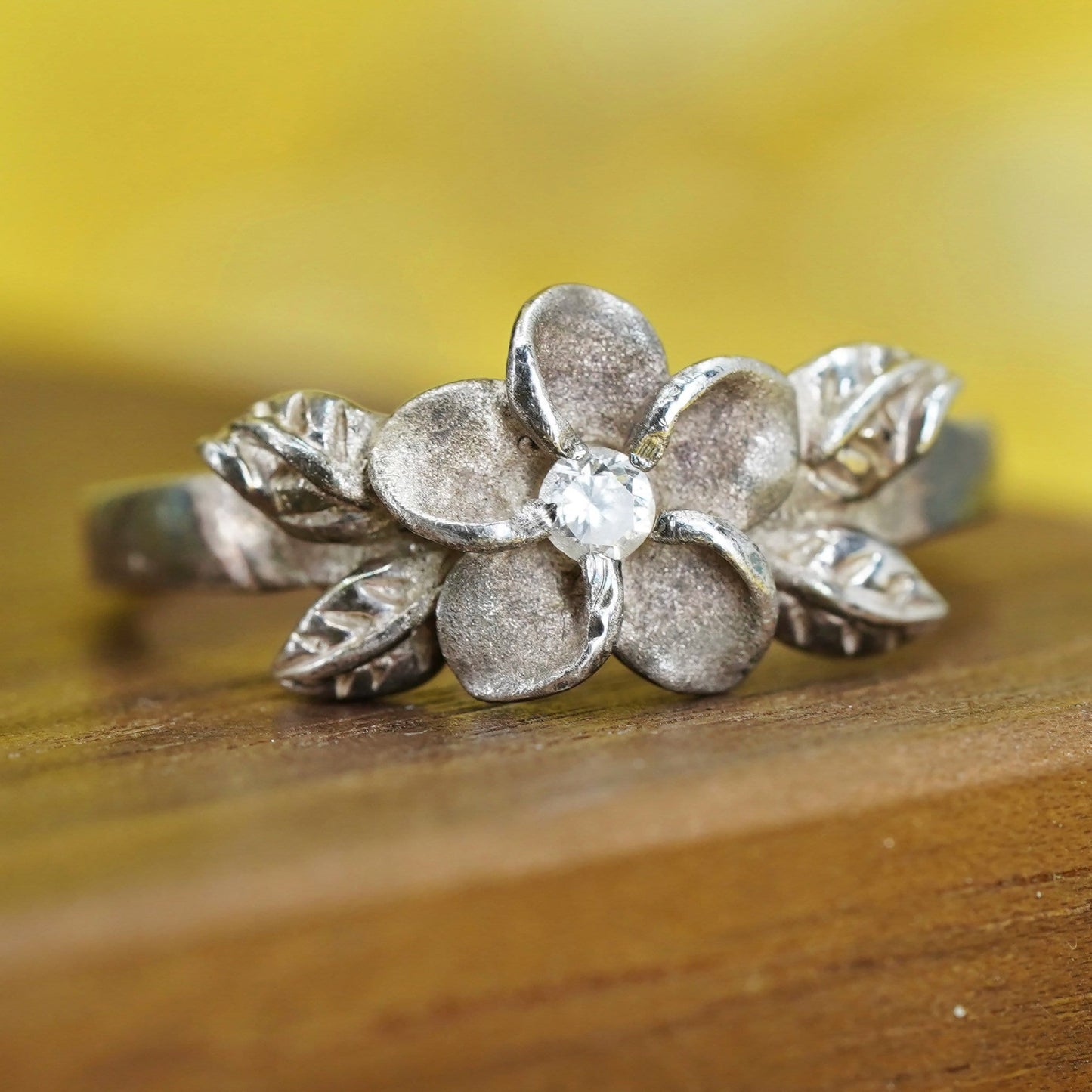 Size 8, vintage Sterling silver handmade ring, 925 plumeria flower band with cz