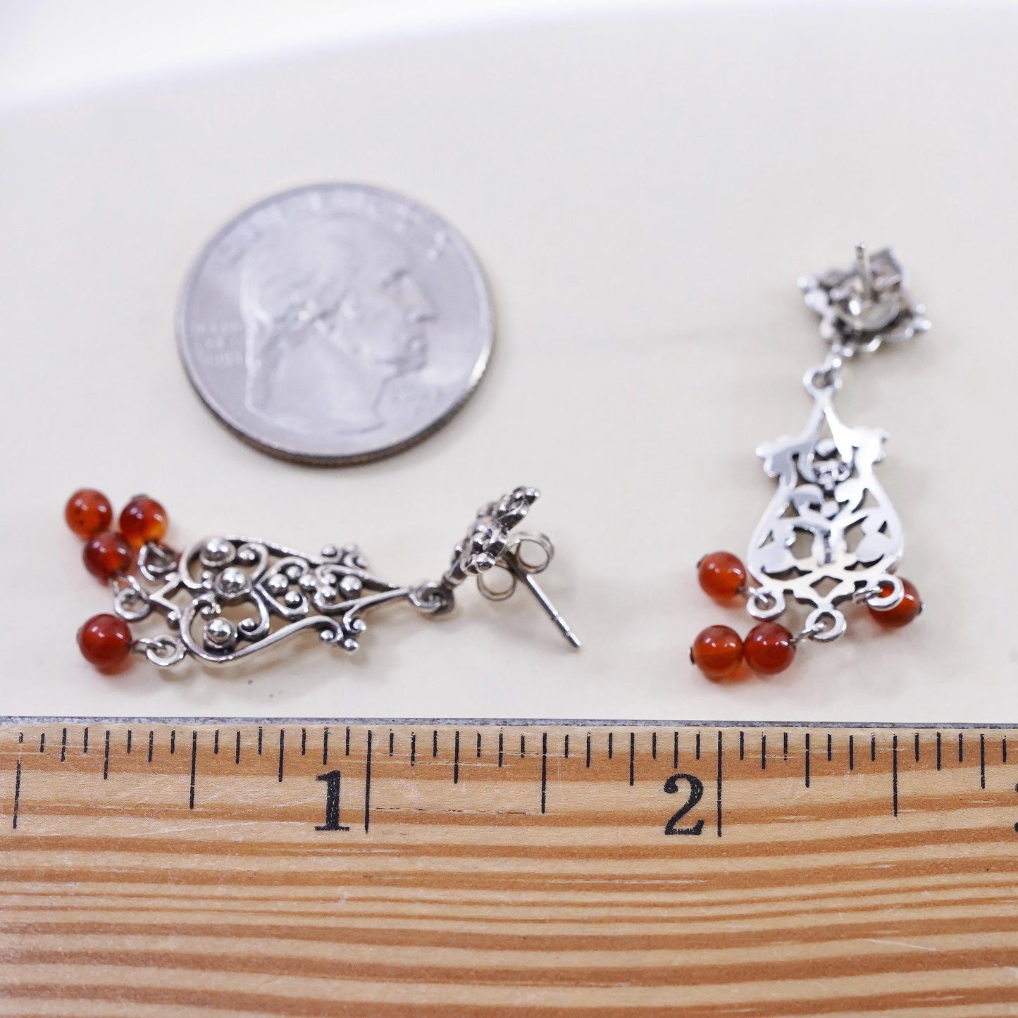 Vintage Sterling silver 925 handmade swirly filigree earrings carnelian beads