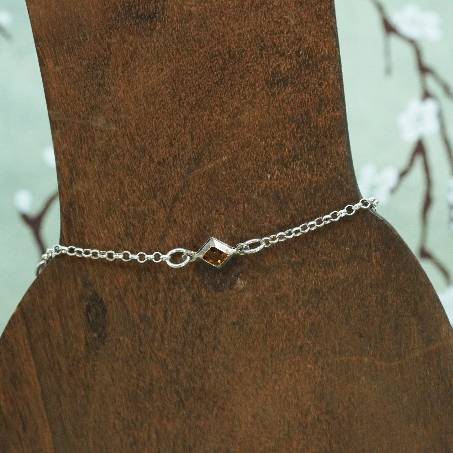 7.25”, Vintage sterling silver bracelet, 925 circle chain with crystal