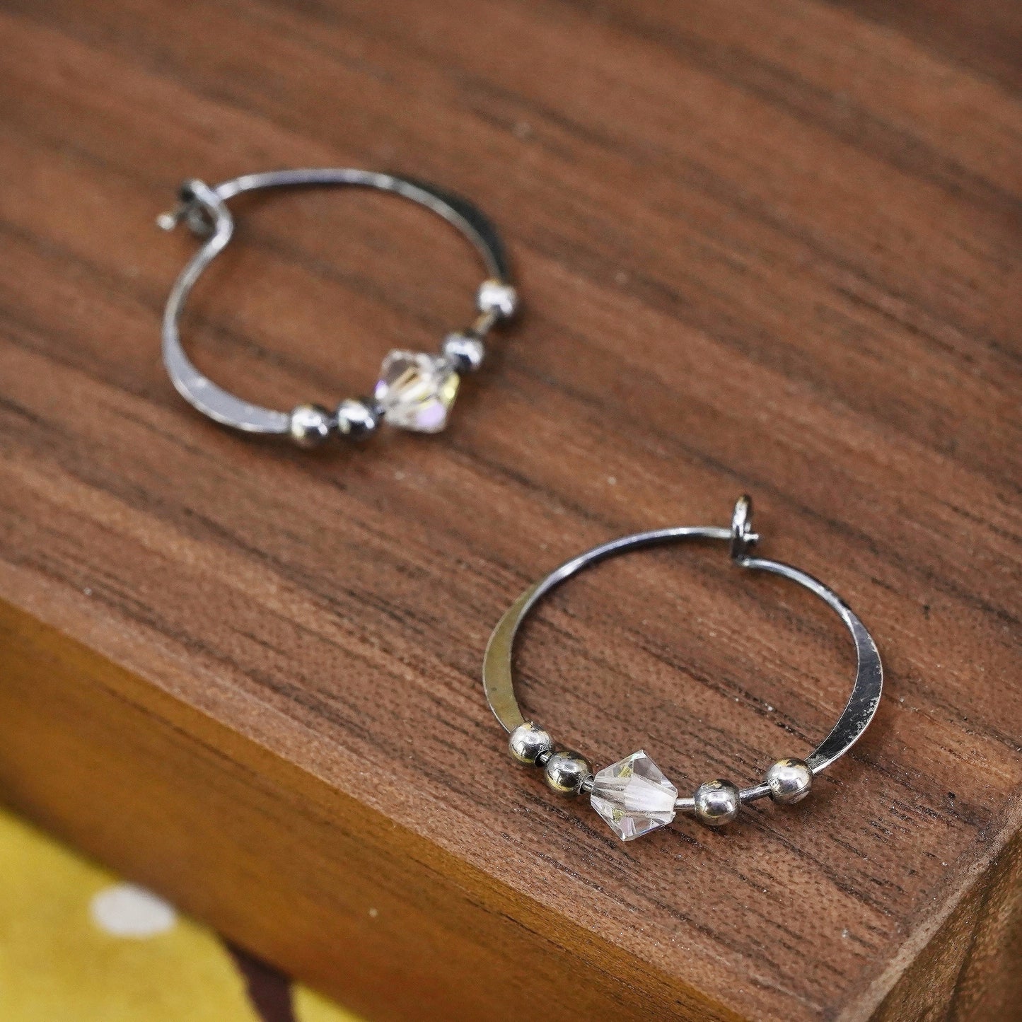 0.75", vintage Sterling silver handmade earrings, 925 hoops, huggie w/ crystal