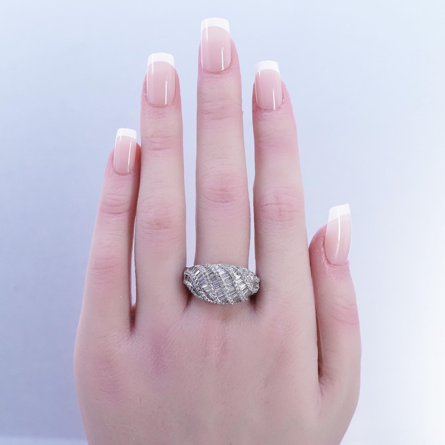 Size 9.25, vintage Sterling 925 silver woven ring with cluster diamonique cz