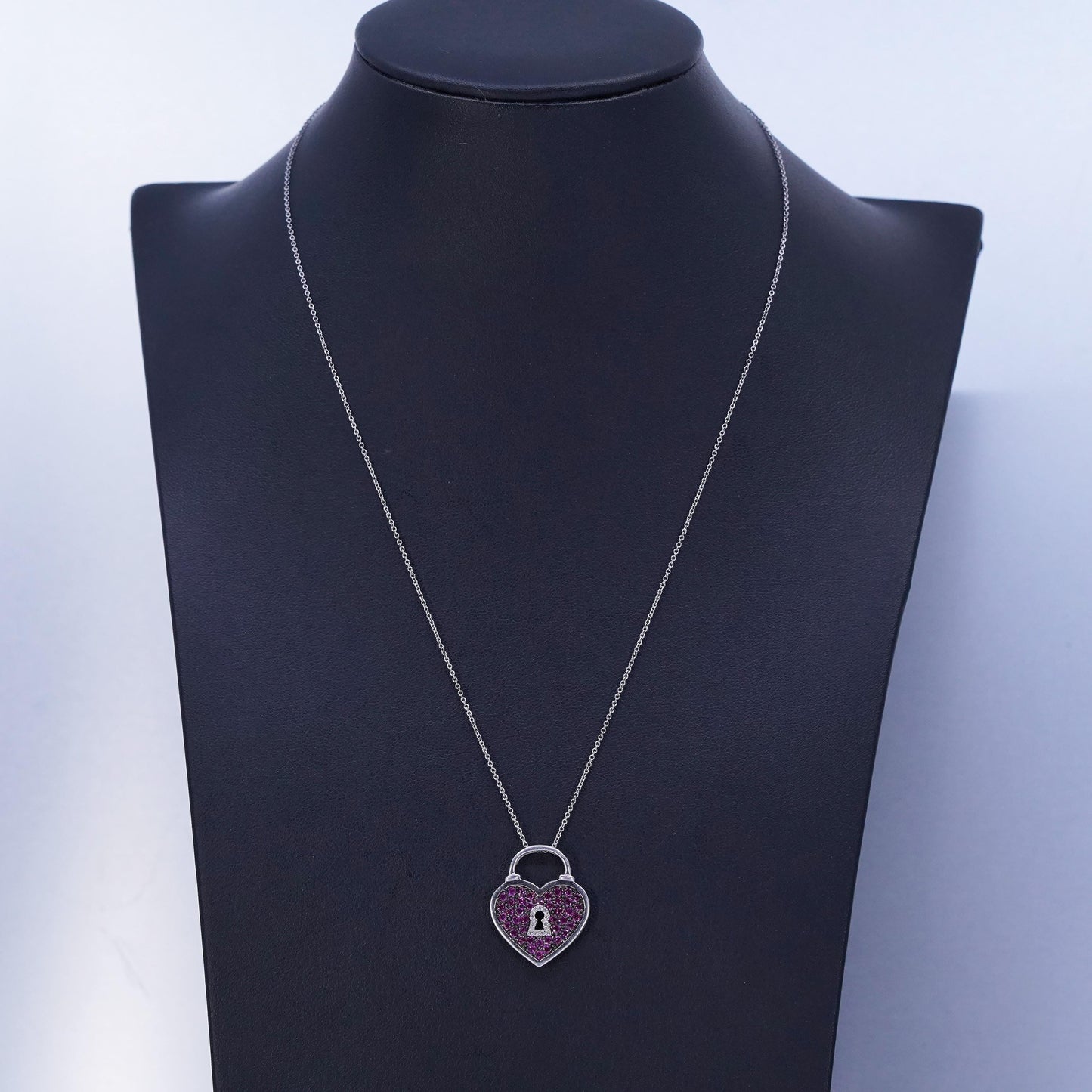 18”, sterling 925 silver necklace, circle chain pink crystal heart lock pendant