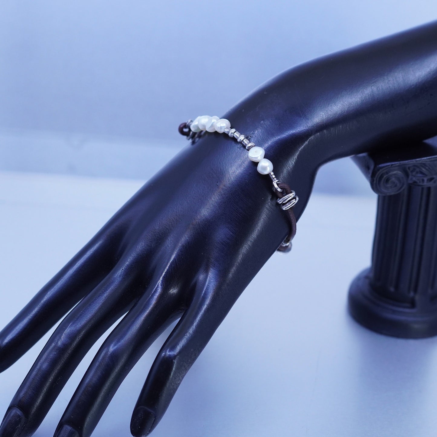 6.75”, VTG silpada B1062 Sterling 925 silver handmade leather bracelet pearl