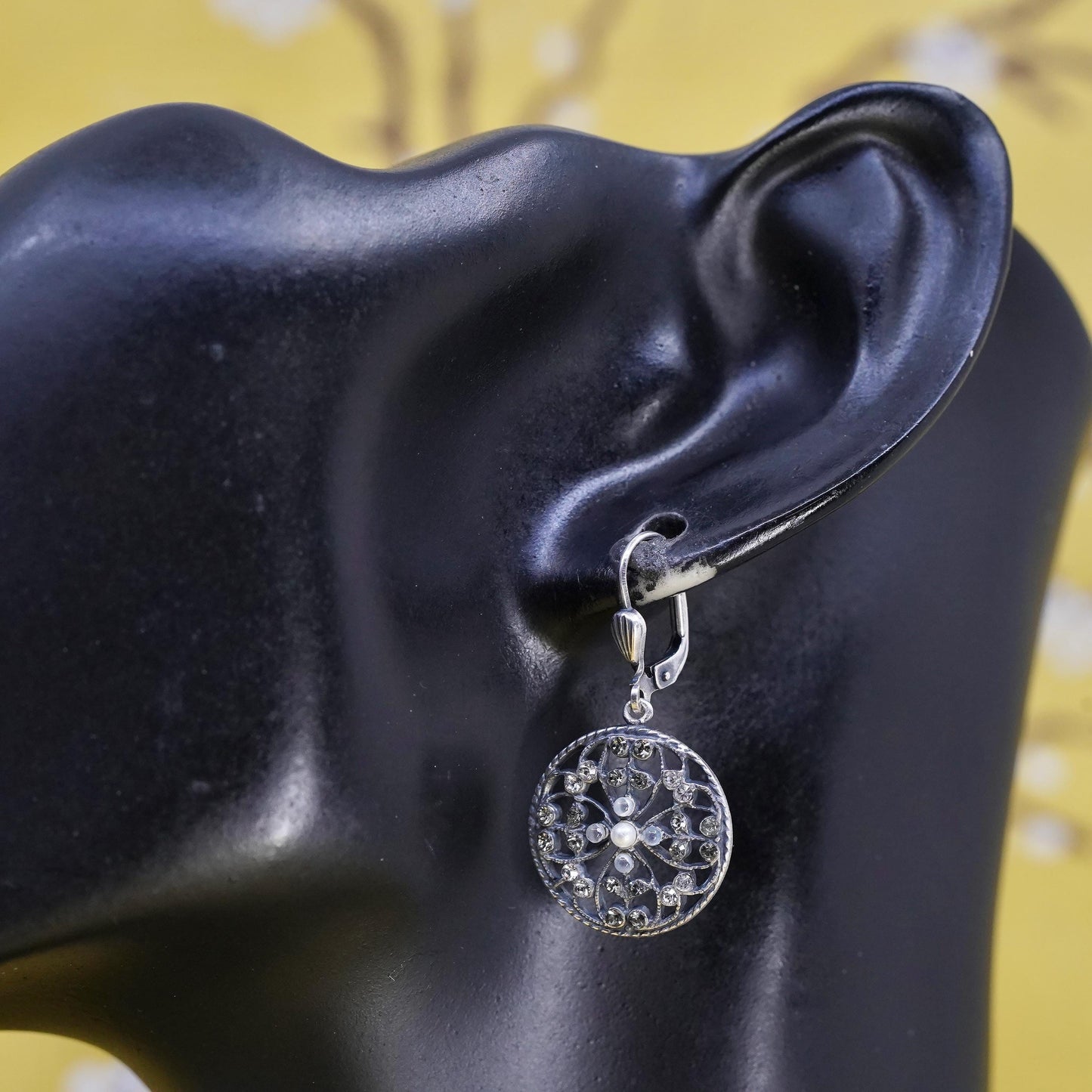 Vintage Sterling silver handmade earrings, 925 circle with cluster cz and pearl