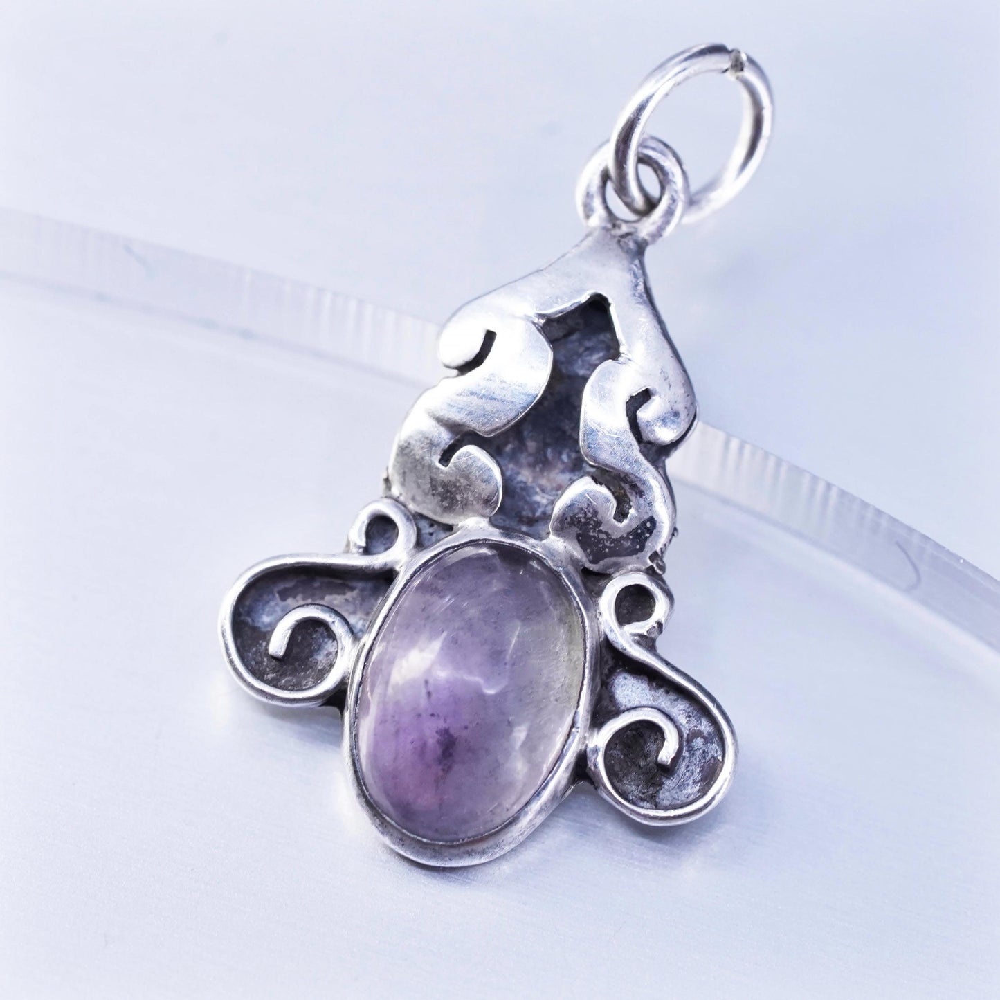 Vintage Mexican sterling 925 silver handmade charm pendant with oval amethyst