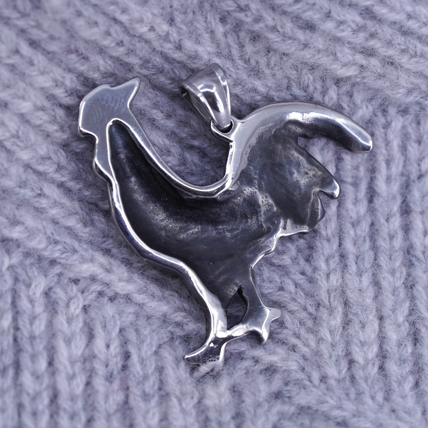 Vintage stainless steel handmade pendant. rooster chicken, stamped S steel