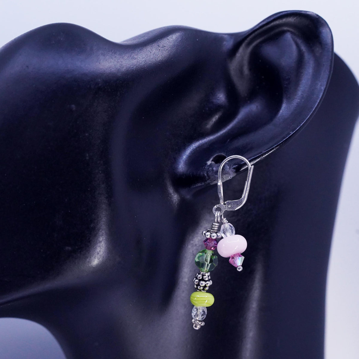 Vinatge sterling silver earrings, 925 lever back hooks with pink green beads