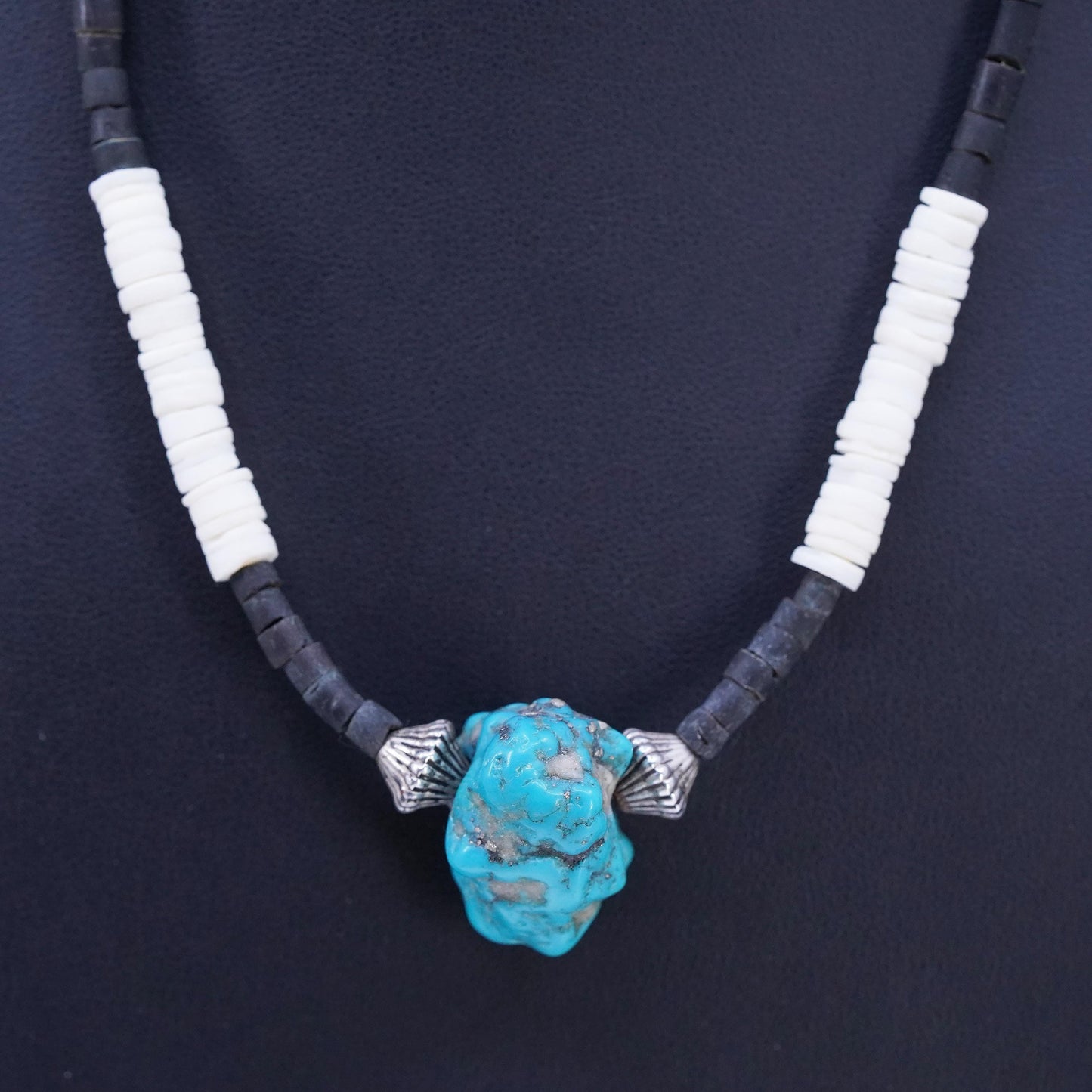 18", VTG Sterling 925 silver handmade heishi necklace turquoise nugget pendant