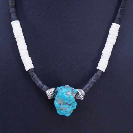 18", VTG Sterling 925 silver handmade heishi necklace turquoise nugget pendant