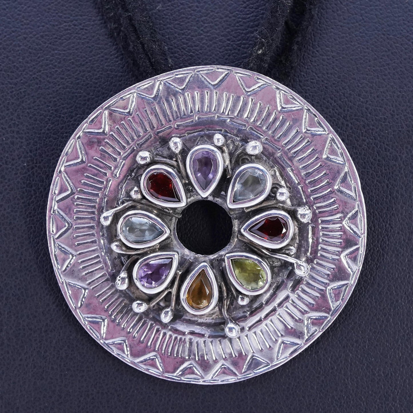 18", 925 Sterling Silver multi strands leather Necklace, disc pendant gemstones