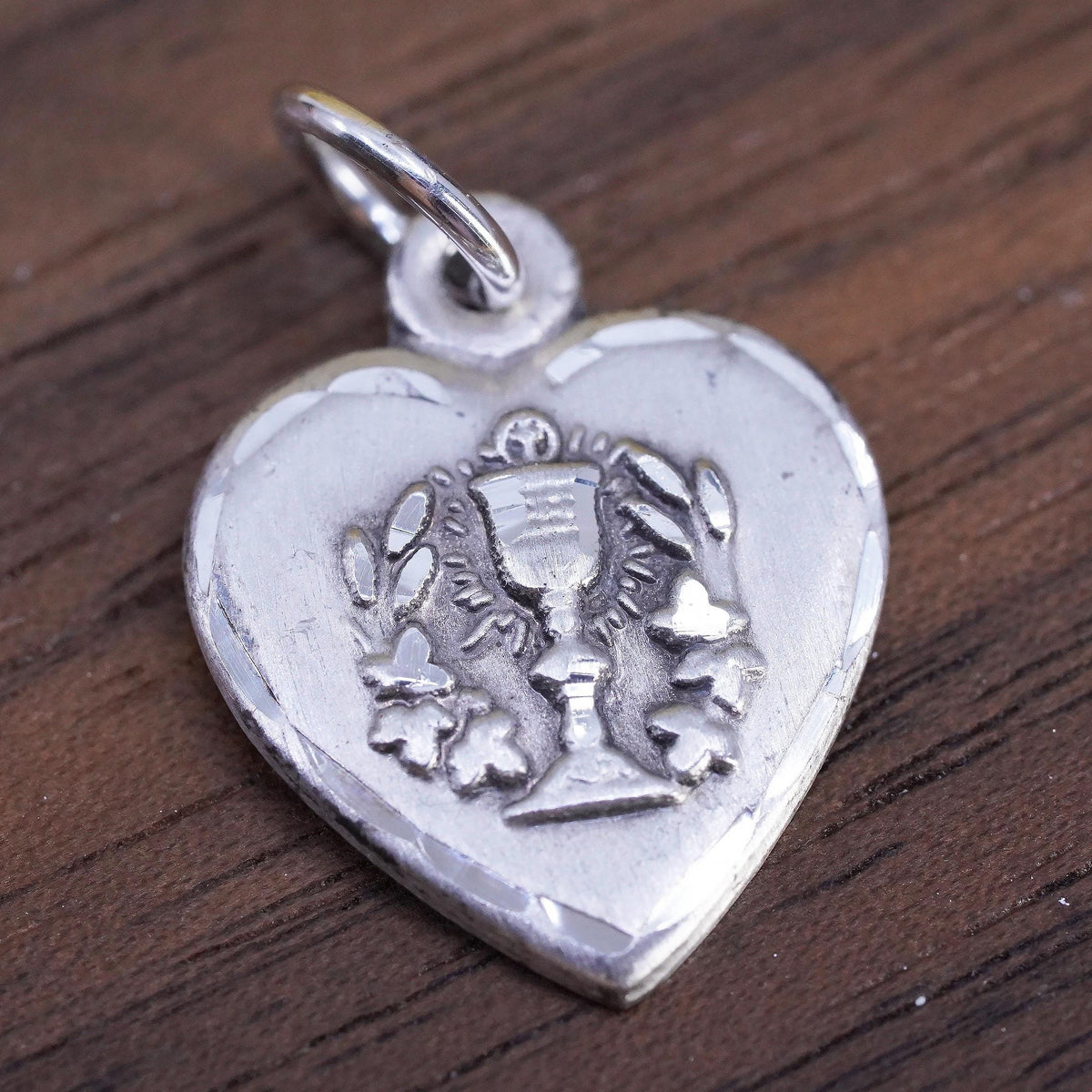 Sterling Silver 925 Heart Pendant, Eucharist Grapes, Wheat Religious Tag Charm
