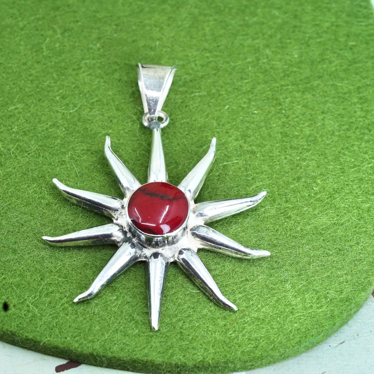 Vintage sterling 925 silver handmade sun pendant with red jasper