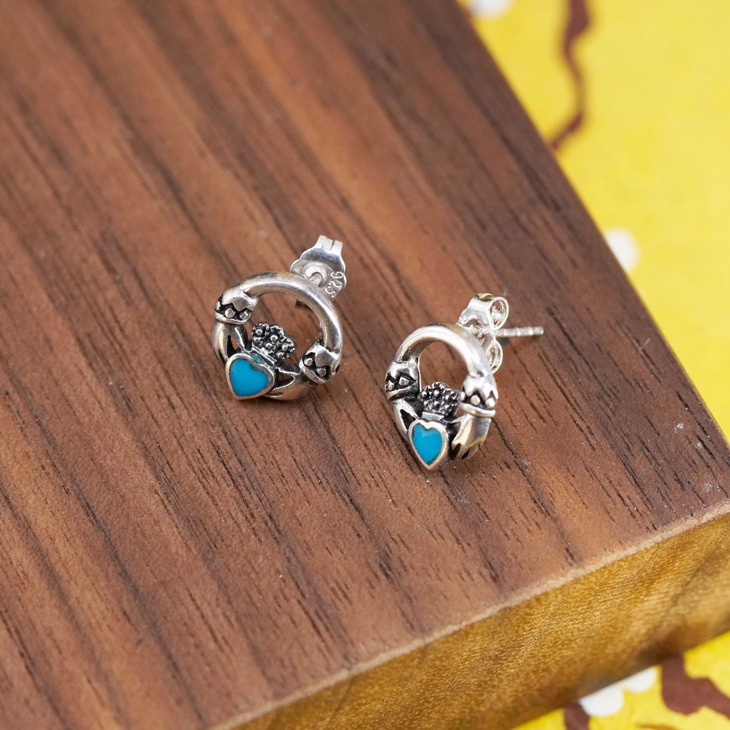 Vintage Sterling silver handmade earrings, 925 heart claddagh studs
