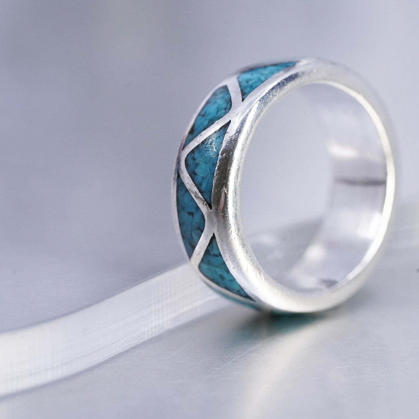 size 5.25, Native American Zuni Sterling Silver Ring, 925 zigzag band turquoise