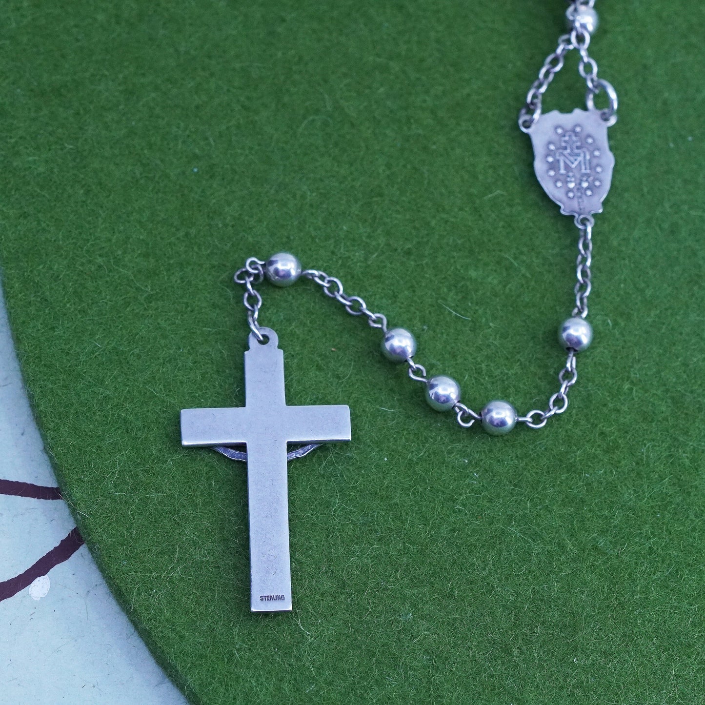 24”, sterling silver rosary necklace circle chain with Jesus cross pendant bead