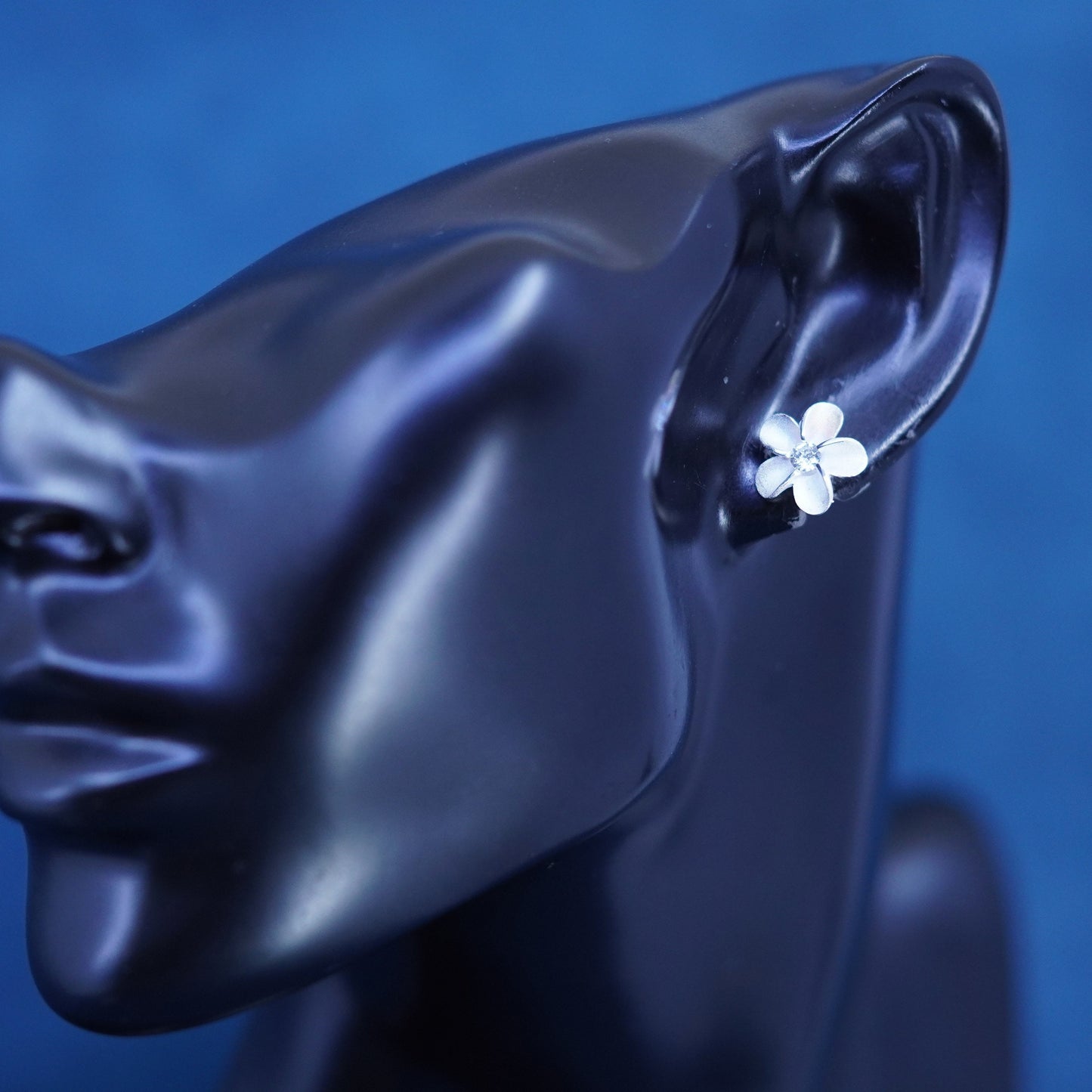 Vintage Sterling silver handmade earrings, 925 plumeria flower studs with cz