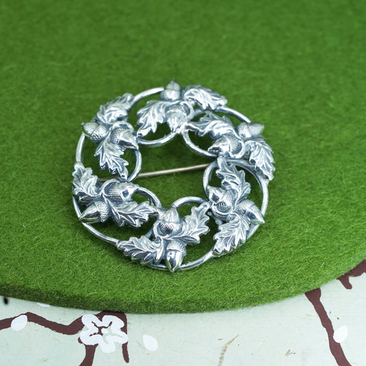 Vintage danecraft sterling 925 silver handmade brooch acorns and oak leaves pin