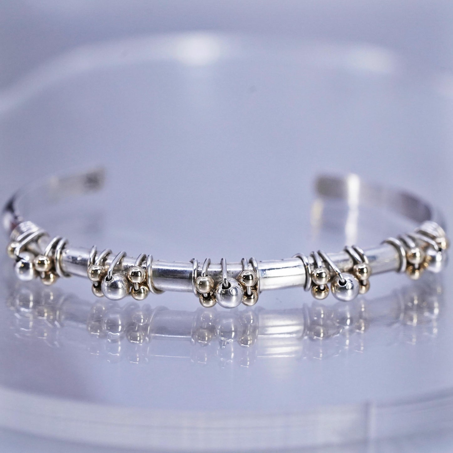 6.25", Marvin Lucas Sterling 925 silver bracelet, cuff 14K yellow gold beads