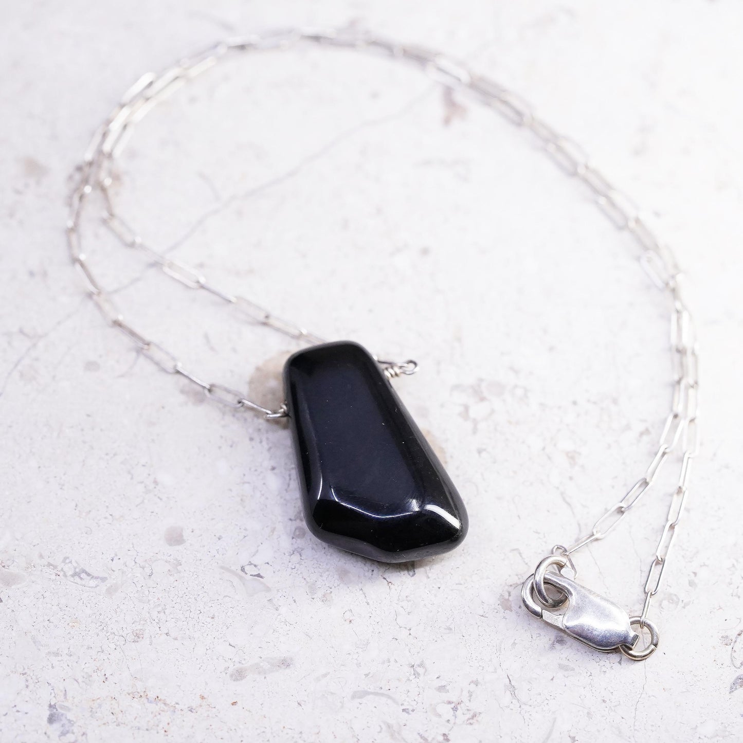14" 2mm, vintage Sterling silver necklace, 925 elongated chain w/ onyx pendant
