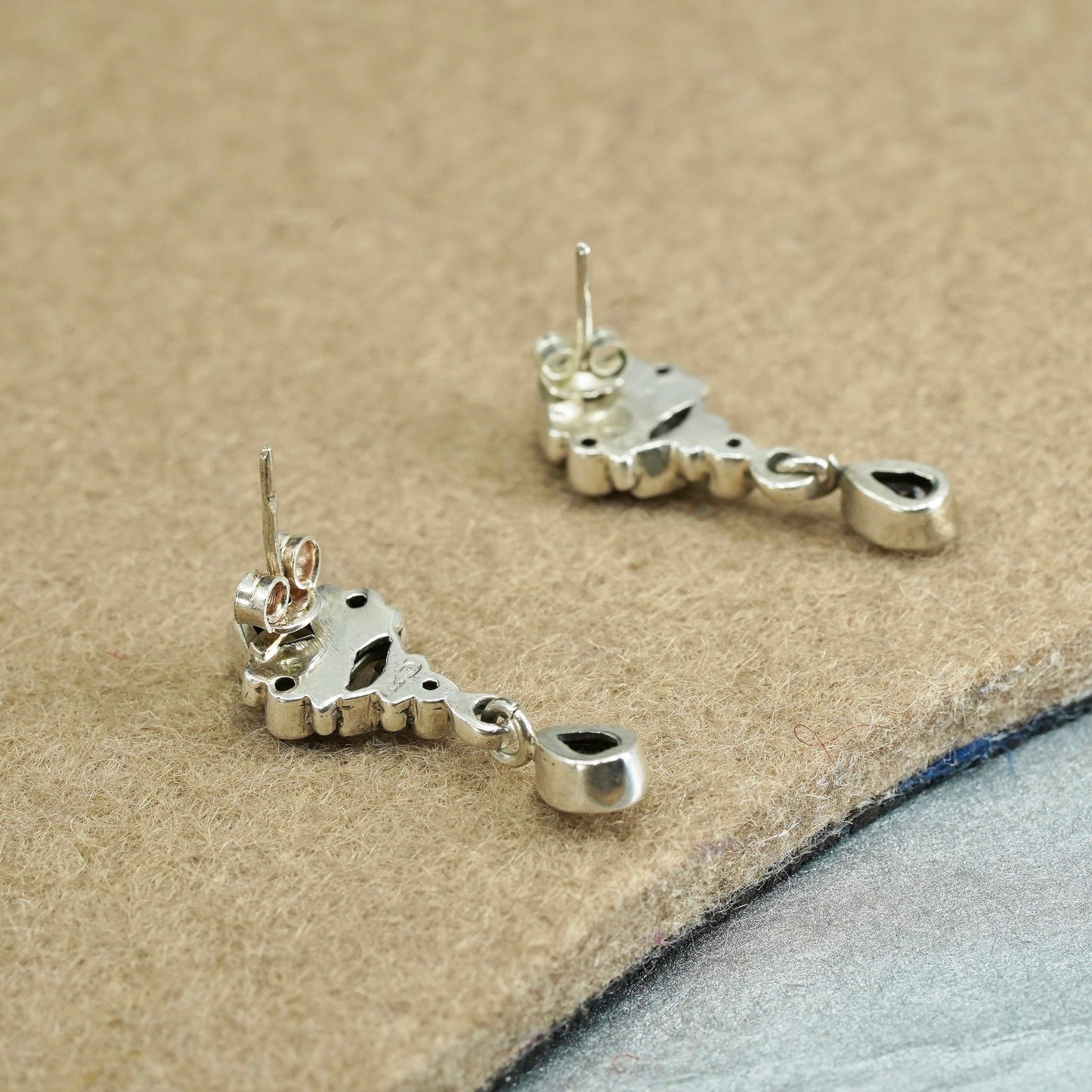 Vintage Sterling 925 silver handmade earrings with teardrop smoky topaz