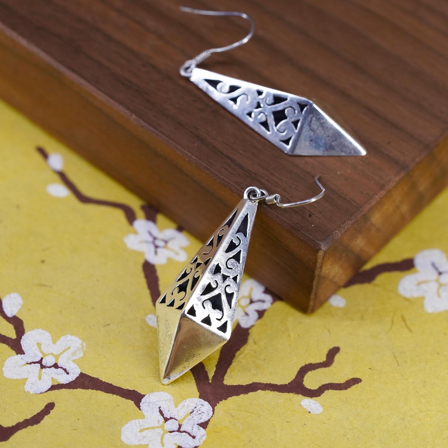 Vintage Mexican Sterling silver earrings, 925 swirly cutout diamond dangles