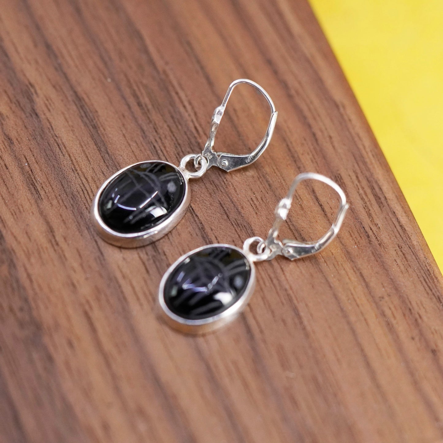 Vintage Sterling 925 silver handmade earrings with oval carved obsidian