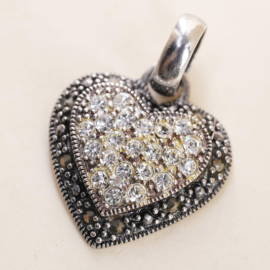 Vintage Sterling 925 silver pendant, cluster marcasite cz heart charm