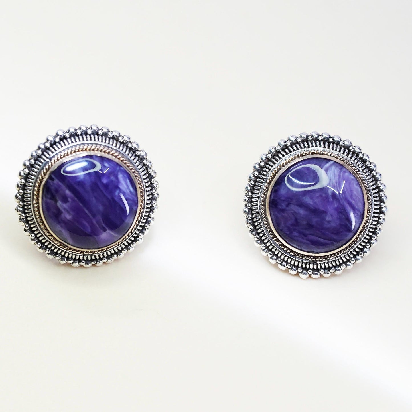 two tone Sterling Silver Charoite Earrings, Purple Stone, 925 Statement Studs