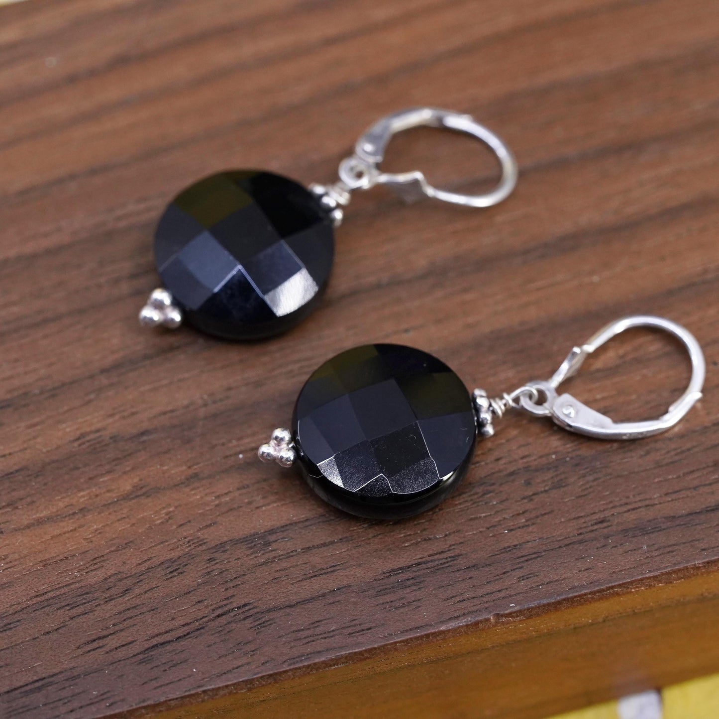 Vintage Sterling 925 silver handmade earrings with circle onyx