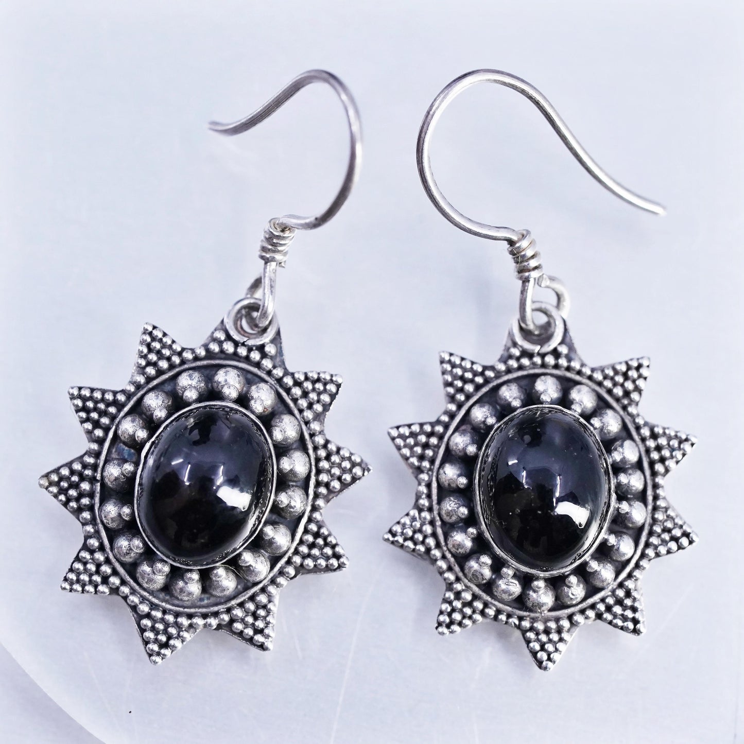Vintage Sterling 925 silver handmade oval earrings with onyx and beads