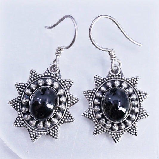 Vintage Sterling 925 silver handmade oval earrings with onyx and beads