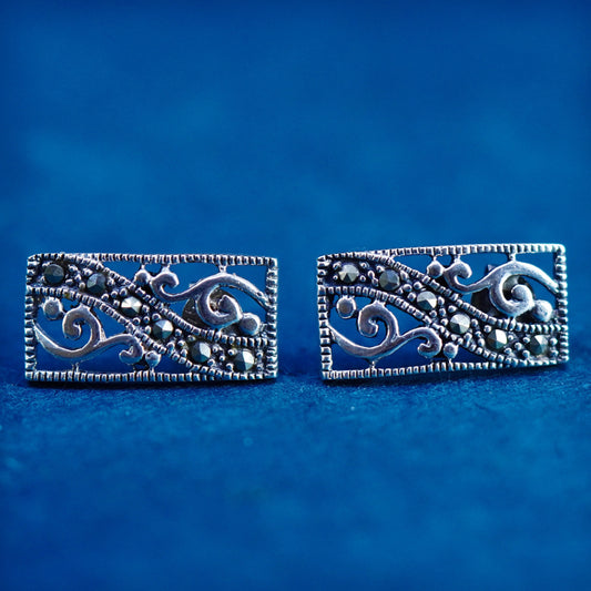 Vintage sterling silver handmade earrings, 925 rectangular studs with marcasite