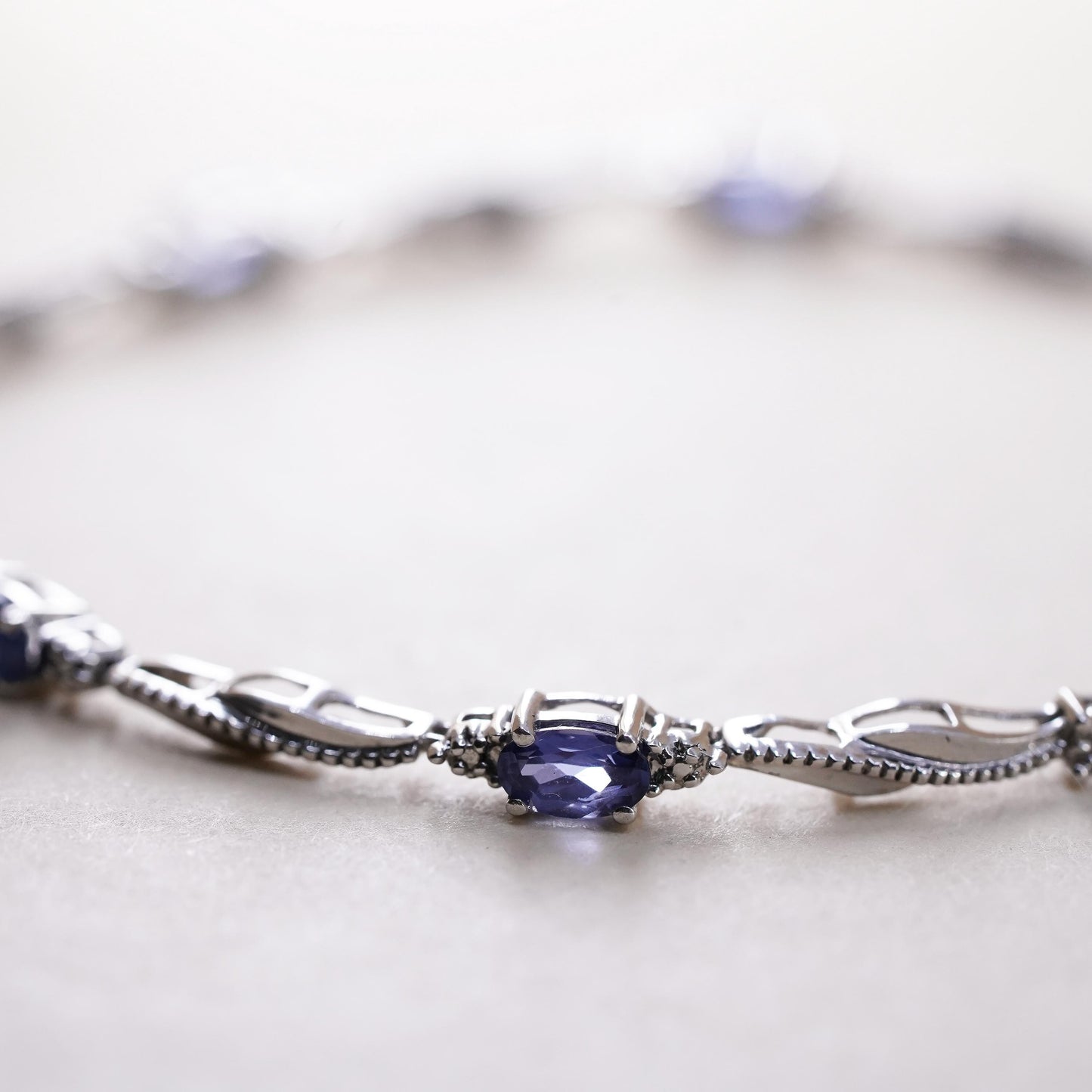 7", Vintage sterling silver tennis bracelet, 925 chain with diamond sapphire