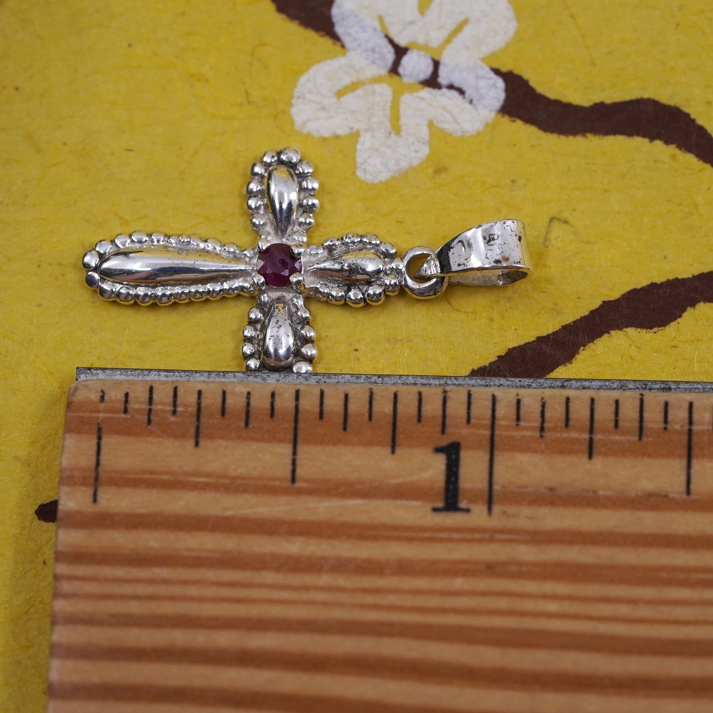 Vintage Sterling silver handmade pendant, 925 cross with Ruby and beads details