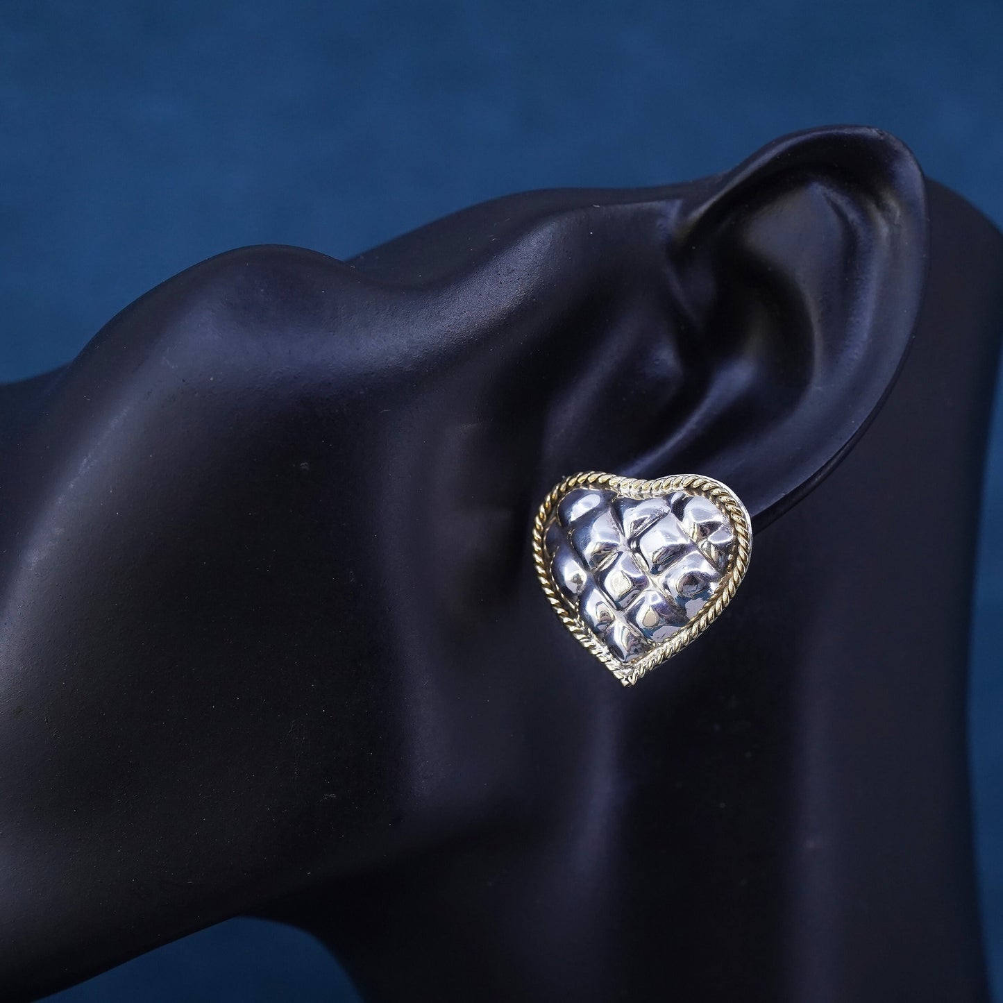Vintage two tone Sterling silver handmade earrings, puffy 925 heart studs brass