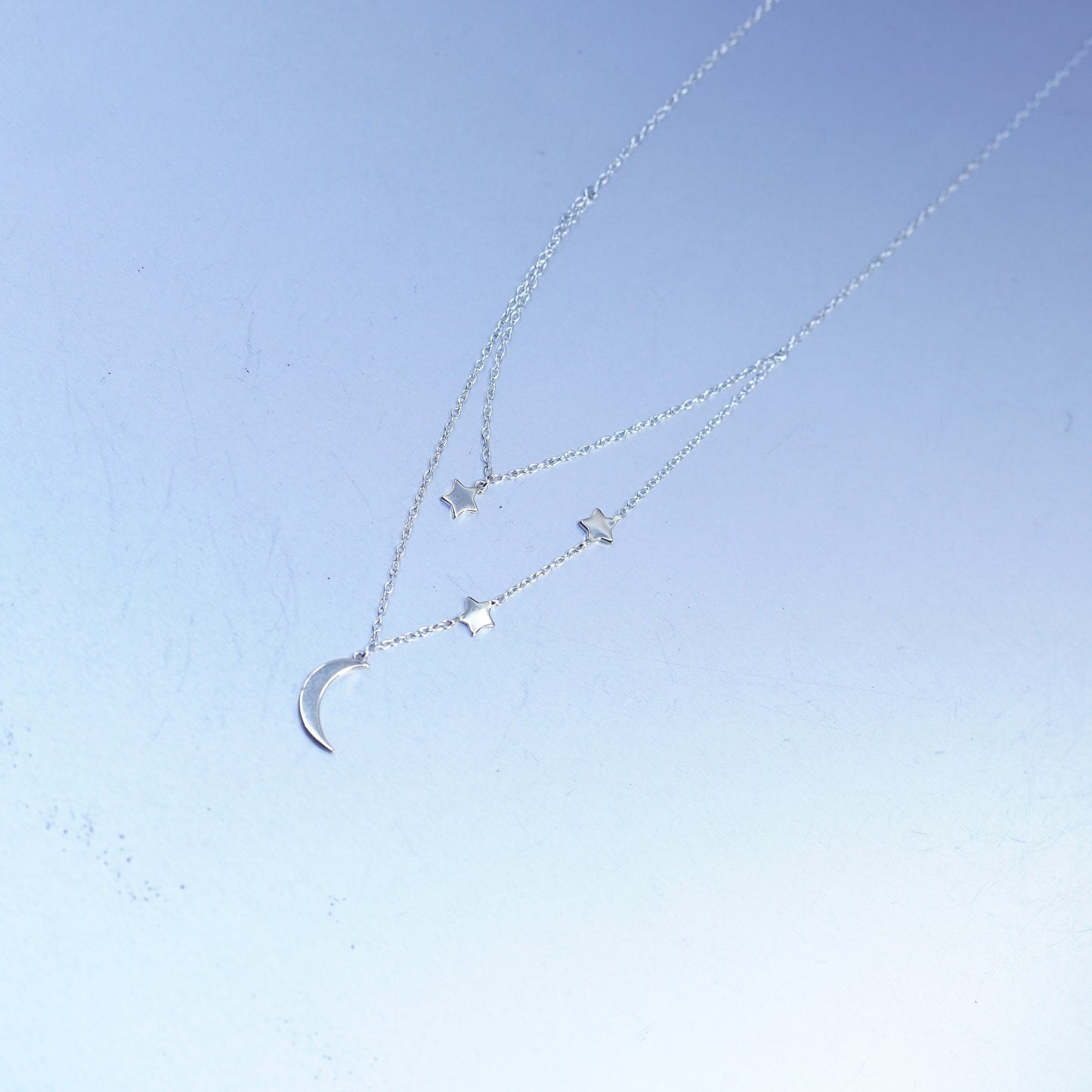 16+2”, Sterling 925 silver handmade circle chain necklace w/ moon star pendant