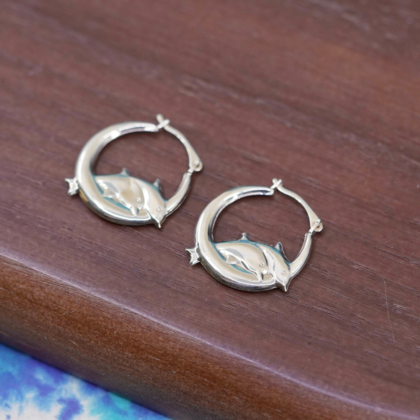 vintage 14K yellow gold with 925 sterling silver earrings, couple dolphin hoops