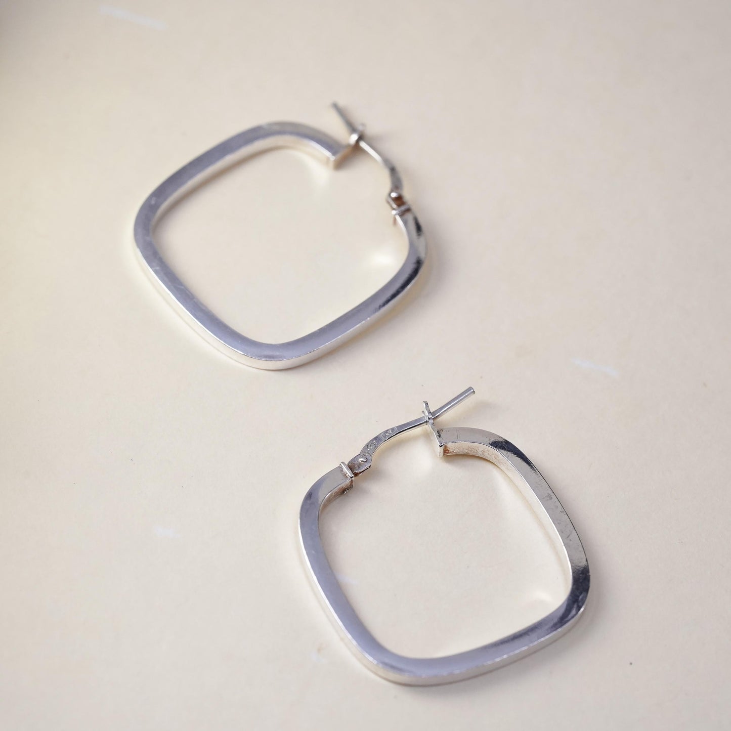 1.25" Vintage sterling silver loop earrings, primitive square hoops