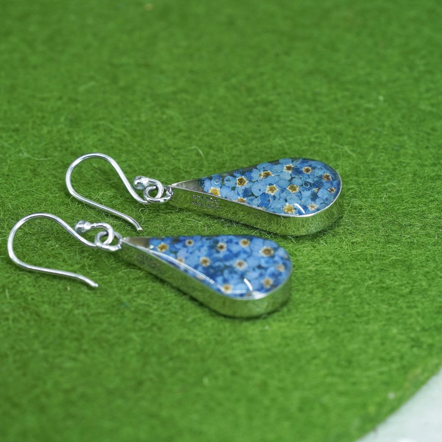 Vintage Mexico sterling silver earrings, 925 teardrop with purple flower resin