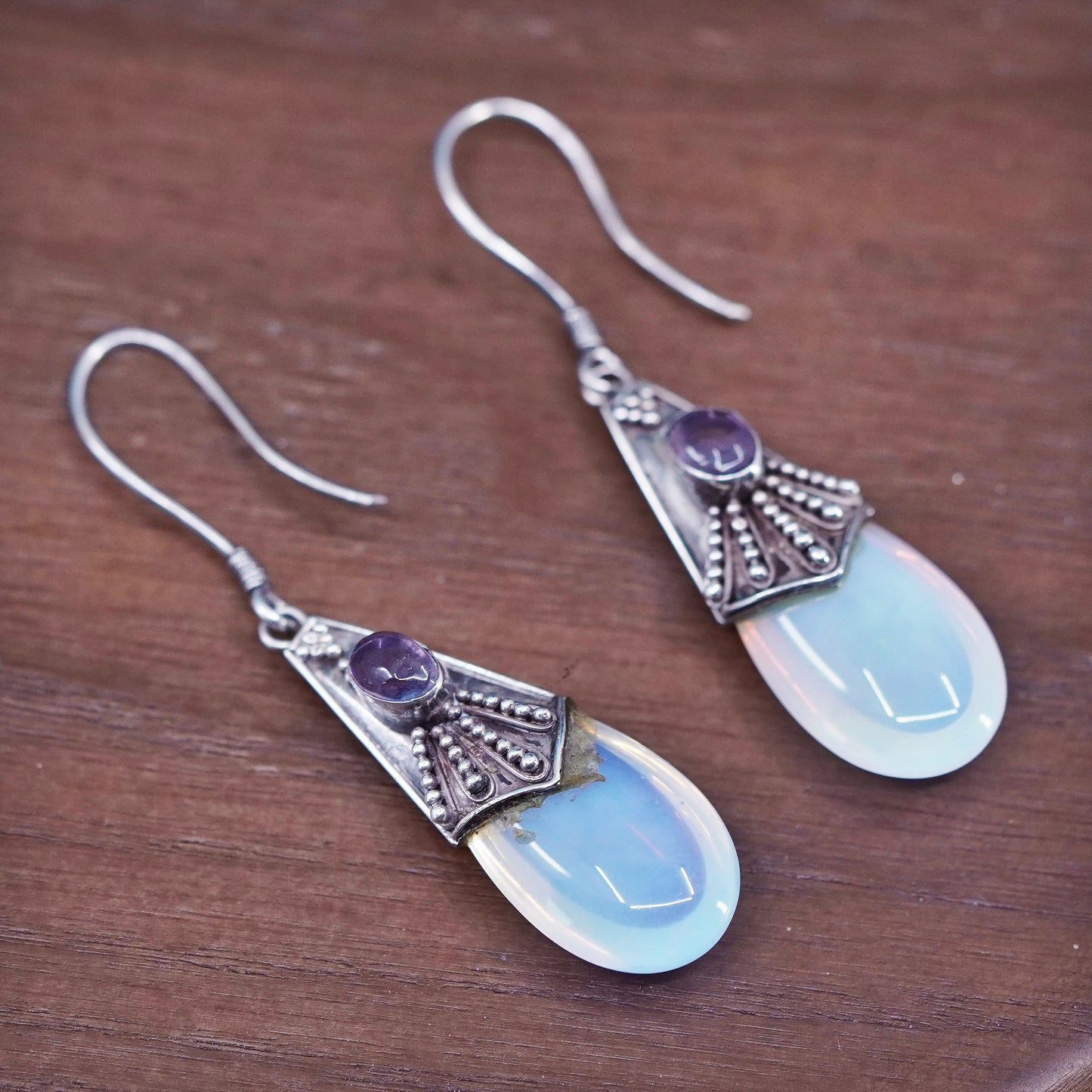 Sterling 925 silver handmade earrings with teardrop moonstone amethyst
