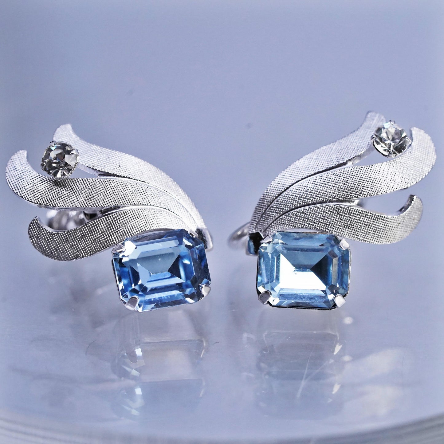 Vintage Vandell Sterling 925 silver earrings, screw back floral blue rhinestone