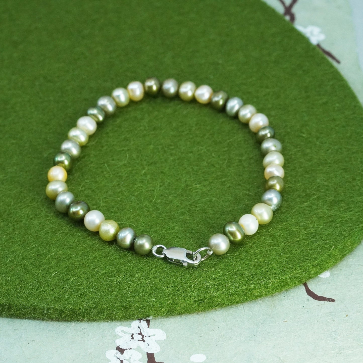 6.74” 5mm, Vintage handmade bracelet, freshwater pearl with 925 silver clasp