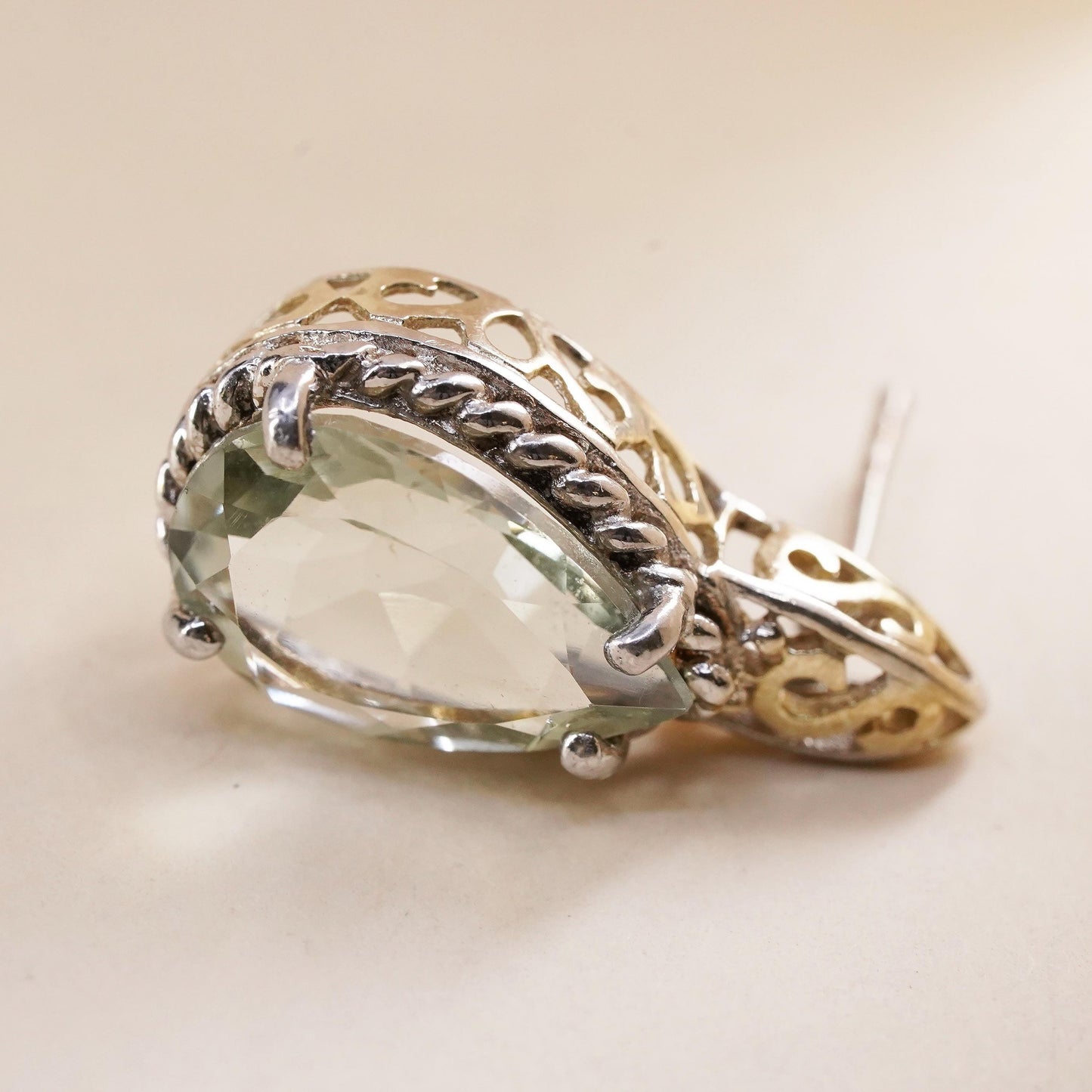 Vintage two tone single earring. Sterling 925 silver teardrop stud chalcedony