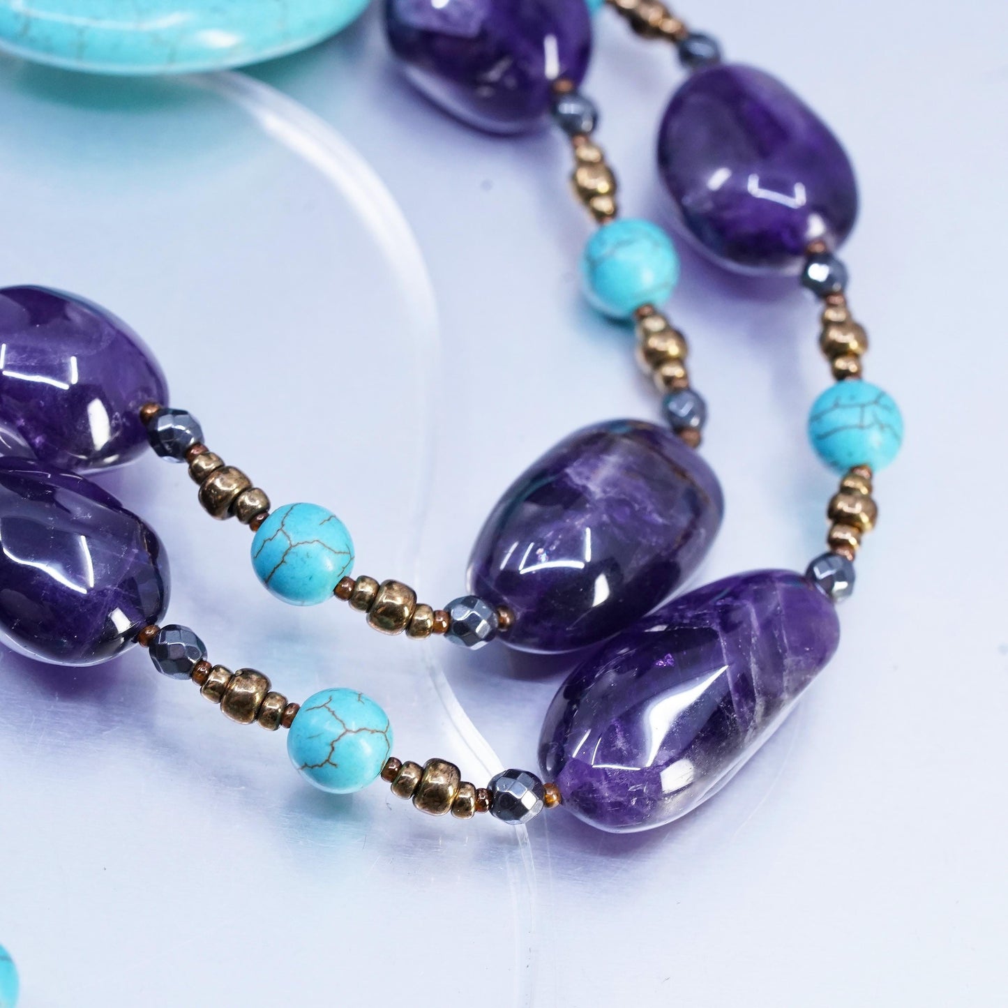 30", turquoise amethyst nugget beads necklace with sterling silver 925 brass